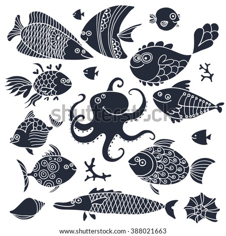 Set imprint cute fish and octopus for the design. Vector illustration.