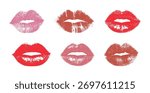Set imprint kiss lips. Red, pink and brown silhouettes isolated on transparent background. Realistic vector beautiful kiss. Different shapes female sexy lips. Lips makeup. Female mouth. Lipstick kiss