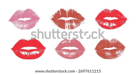 Set imprint kiss lips. Red, pink and brown silhouettes isolated on transparent background. Realistic vector beautiful kiss. Different shapes female sexy lips. Lips makeup. Female mouth. Lipstick kiss
