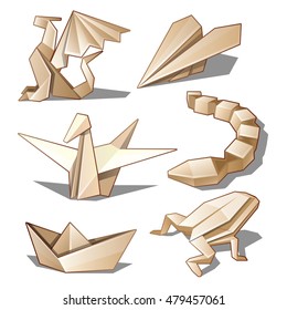 A set of improvised figurine of paper isolated on white background. The style of origami. Vector illustration.