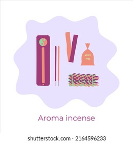 A set of incense for aromatherapy. Incense sticks, holder, palo santo, white sage and aroma sachet. Flat vector illustration. 