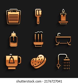 Set Incense sticks, Bath sponge, Shower, Bathtub, Cup of tea with tea bag, Essential oil bottle, Aroma candle and Bathroom scales icon. Vector