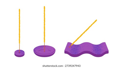 Set of incense sticks with different holder shapes in modern flat style. Illustration highlights aromatherapy ritual and decorative interior concept.