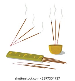 Set of Incense sticks flat vector illustration isolated on white background. Elements for Asian traditional culture, Chinese new year, lunar new year, Ancestor worship customs, Buddhism