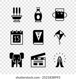 Set Incense sticks, Indian vase, Cup of tea and leaf, Elephant, Bollywood indian cinema, Hands praying position, Independence day and constitution icon. Vector