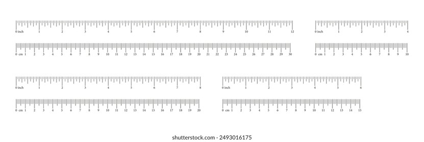 Set of inch and metric rulers. Measuring tool templates. Scale for ruler in centimeters, inches. Inches, centimeters measuring scales. Metrics indicator cm, inch. Measuring scales icons. Eps.