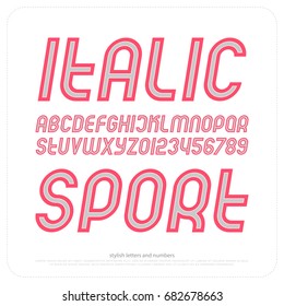 set of inclined alphabet letters and numbers. vector, contemporary, slanted font type. modern italics typeface design. striped, sans serif typesetting