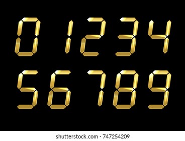 Set of inclined electronic digits. Gold glittering numbers on black background.