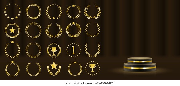 Set includes best price, choice, and seller designs. Vector icons ideal for cinema festivals and events. Award logo suits branding, marketing, or recognition labels. Premium gold foliage crown symbol