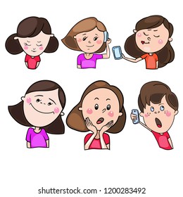The set includes color drawings in the vector, images of children, teenagers, schoolchildren, in a cartoon style, in different images and with different moods and emotions
