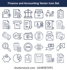 O conjunto inclui ícones de dinheiro, bancos, gráficos, faturas e documentos, formando um recurso visual financeiro e contábil abrangente que combina simplicidade e clareza.