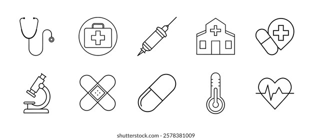 The set includes icons for a stethoscope, first aid kit, syringe, hospital, pill, microscope, band-aid, thermometer, and a heartbeat
