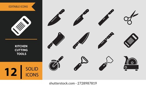 El conjunto incluye iconos de cortadora de queso y cortadora de carne mandolina diseñados para mostrar claramente las herramientas de corte de cocina avanzadas con imágenes mínimas limpias para diseños de diseño fáciles de usar y profesionales