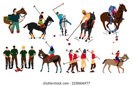 The set includes a polo game. Male,female and horse athletes with sport facilities flat illustrations. Collection of doodle drawings.