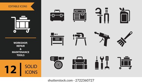 O conjunto inclui ferramentas de manutenção de kit de reparo e ícones de carrinho de oficina ideais para ilustrar a organização de ferramentas na preparação de tarefas de rodas e fluxos de trabalho de reparo eficiente em garagens instalações industriais e software de serviço