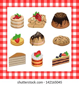 Set includes various pastries, muffins, cakes, tarts, covered with chocolate, with strawberries and blueberries