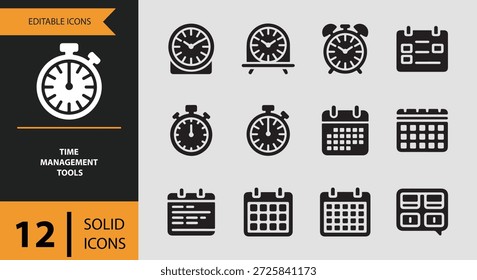 The set includes weekly planner monthly planner and time tracker icons ideal for representing long term planning progress monitoring and consistent time management strategies in business and personal workflows