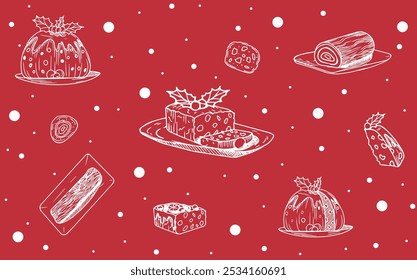 A set including various Christmas cupcakes: classic, English fruit, chocolate log, hand-drawn. Cupcake design from different angles, top view, Standard view. Suitable for advertising, posts, stories