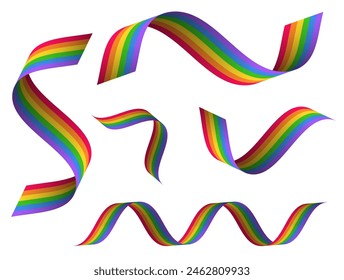 Set of inclusive pride ribbons with rainbow stripes. Isolated on transparent background. LGBTQIA rights concept.