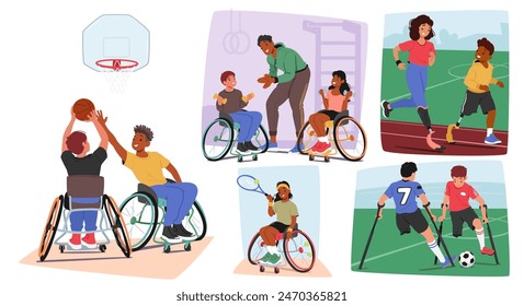 Set Of Inclusive Sports Activities, Children With Disabilities Engaging In Basketball, Running, And Soccer. Concept Of Diversity And Teamwork Among Young Athletes, Accessibility And Equality In Sports