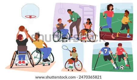 Set Of Inclusive Sports Activities, Children With Disabilities Engaging In Basketball, Running, And Soccer. Concept Of Diversity And Teamwork Among Young Athletes, Accessibility And Equality In Sports