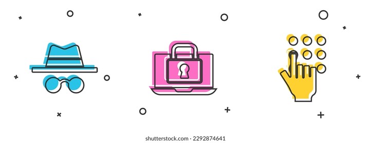 Set Incognito mode, Laptop and lock and Password protection icon. Vector