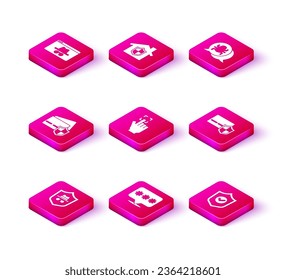 Set Incognito mode, Password protection, Credit card with shield, Fingerprint, Shield check mark, System bug and House under icon. Vector