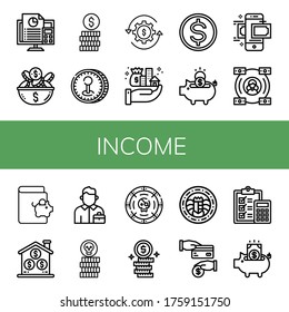 Set of income icons. Such as Accounting, Coin, Revenue, Assets, Budget, Piggy bank, Money transfer, Economy, Savings, Salesman, Dollar coins, Cash back , income icons