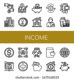 Set of income icons. Such as Cash back, Accounting, Economy, Coin, Piggy bank, Revenue, Salesman, Money transfer, Money jar, Budget, Save, Savings , income icons