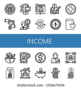 Set of income icons. Such as Coin, Cash back, Money transfer, Accounting, Save, Revenue, Economy, Savings, Budget, Piggy bank, Salesman, Dollar coins , income icons