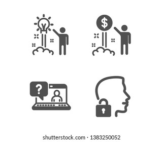 Set of Income money, Faq and Creative idea icons. Unlock system sign. Wealth, Web support, Startup. Access granted.  Classic design income money icon. Flat design. Vector