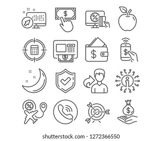 Set of Income money, Target and Wallet icons. Flight sale, Atm and Payment click signs. Calculator target, Online shopping and Phone payment symbols. Savings, Targeting, Affordability. Vector