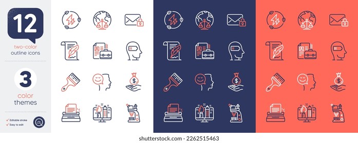 Set of Income money, Typewriter and Brush line icons. Include Creative design, Weariness, Feather icons. Microscope, Magistrates court, Green electricity web elements. Vacancy. Vector