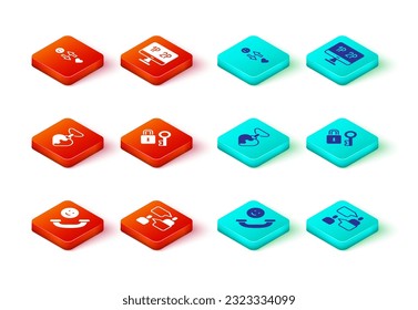 Set Incoming call on mobile, Two sitting men talking, Necklace with heart shaped, Lock key, Computer monitor screen and Romantic relationship icon. Vector
