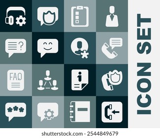 Set Incoming call phone, Telephone handset with shield, conversation, Online quiz, test, survey, Smile face, Unknown search, Headphoneswith settings and Elected employee icon. Vector