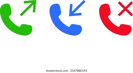 Set of Incoming, outgoing, and missed icon. Telephone call icons symbol . Interface buttons for mobile connection
