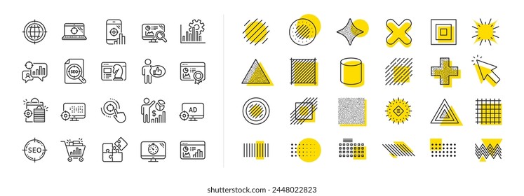 Eine Reihe von Symbolen zur Steigerung des Umsatzes, der Strategie für Geschäftsanzeigen und zur Optimierung der Website. Design Form Elemente. SEO-Zeilen-Symbole. Puzzle, Web seo Timer und Analytics erhöhen Graph. Vektorgrafik