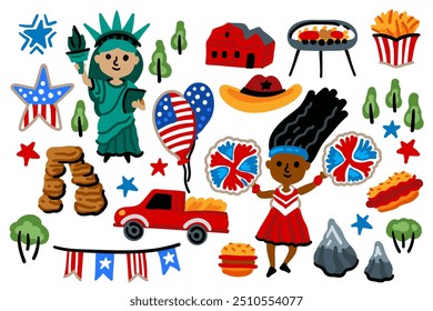 Set of Independence Day American elements. Symbols of USA. Statue of Liberty, cheerleader, flag. For maps and children designs. Travel landmarks illustrations. Cartoon style. Childish. July 4th