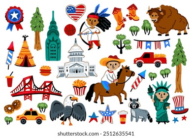 Set of Independence Day American elements. Symbols of USA. Statue of Liberty, Capitol, flag, eagle. For maps and children designs. Travel landmarks illustrations. Cartoon style. Childish. July 4th