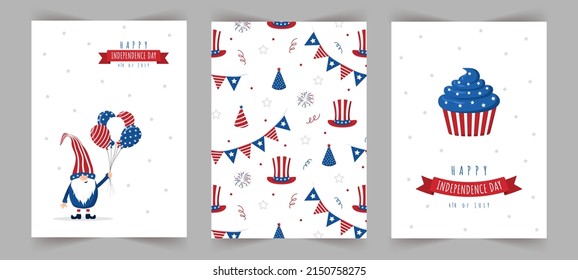 Cartas de saludo del Día de la Independencia. gnomo patrioamericano. Día de la libertad nacional. Ilustración vectorial al estilo de las caricaturas. Bonitos antecedentes vacacionales con elementos festivos de 4 de julio.