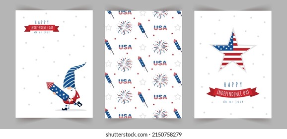Set of Independence day celebration greeting cards. Patriotic american gnome. National freedom day. Vector illustration in cartoon style. Cute holiday backgrounds with festive 4 of july elements.