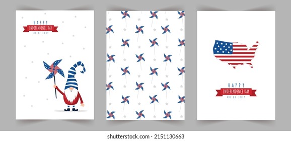 Set of Independence day celebration greeting cards. Patriotic american gnome. National freedom day. Vector illustration in cartoon style. Cute holiday backgrounds with festive 4 of july elements.