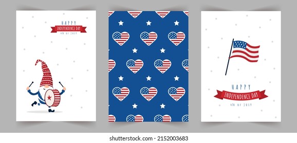 Set of Independence day celebration greeting cards. Patriotic american gnome. National freedom day. Vector illustration in cartoon style. Cute holiday backgrounds with festive 4 of july elements.