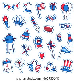 Set of Independence Day patches. Patriotic colours. Fourth of July things. Vector hand drawn illustration