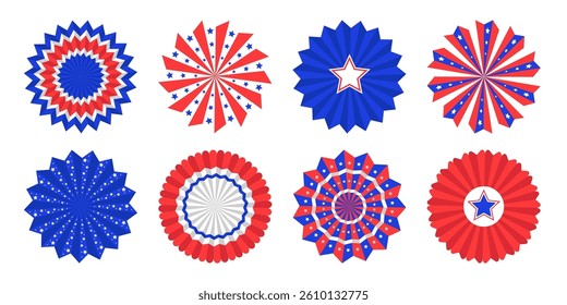 Set of independence day ribbon decorations. Patriotic blue and red rosettes for banner, card or border