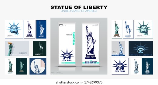 Set Independence Day, USA. Statue of Liberty, template. X-banner, multicolored flat design. Holiday. National symbol of America. New York. The name of the ad text of the annual report. Poster, vector