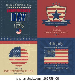 Set of independence day vector background with usa flag and grunge in vintage style.