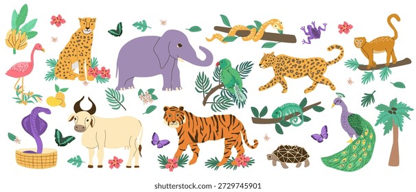 Set of India animals. Cartoon flat vector illustration isolated on white. Bengal tiger, peacock, white cow or zebu, star turtle, cobra and rose ringed parakeet, other tropical animals for south asia.