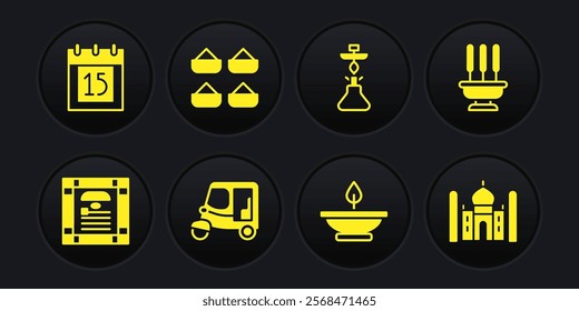 Set India constitution day, Incense sticks, Taxi tuk tuk, Aroma lamp, Hookah, Indian spice, Taj Mahal and Independence icon. Vector
