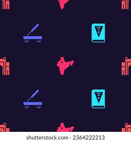 Set India constitution day, Scented spa stick, map and Gate in Delhi on seamless pattern. Vector